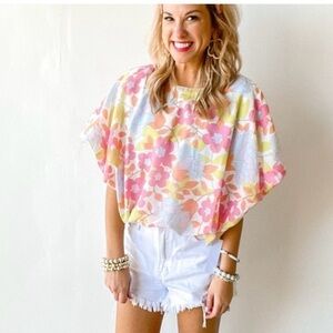 J. Marie Ava Mae Bubble Top Boho Spring Colorful Floral Shirt Womens Large